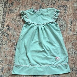 Sweet Dreams Blue Dress with Pink Piping Ruffle Sleeves and Embroidered Lamb